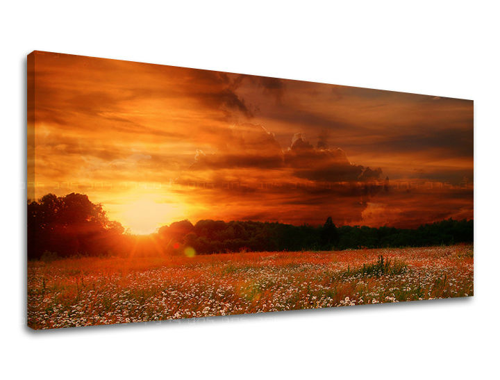 Clasic tablou pe pânză cu motivul PANORAMĂ KRAJINA, apus de soare, nori, cer, peisaj în alb-portocaliu nuanțe, atmosferă liniștită, potrivit pentru sufragerie – principală