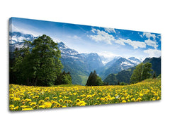Clasic tablou pe pânză cu motivul PANORAMĂ KRAJINA, peisaj, flori, natură în alb-albastru nuanțe, atmosferă liniștită, natură și atmosferă de primăvară – principală