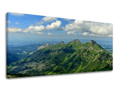 Clasic tablou pe pânză cu motivul PANORAMĂ SLOVACIA, munți, cer, nori, peisaj în alb-albastru nuanțe, atmosferă liniștită, potrivit pentru sufragerie – principală