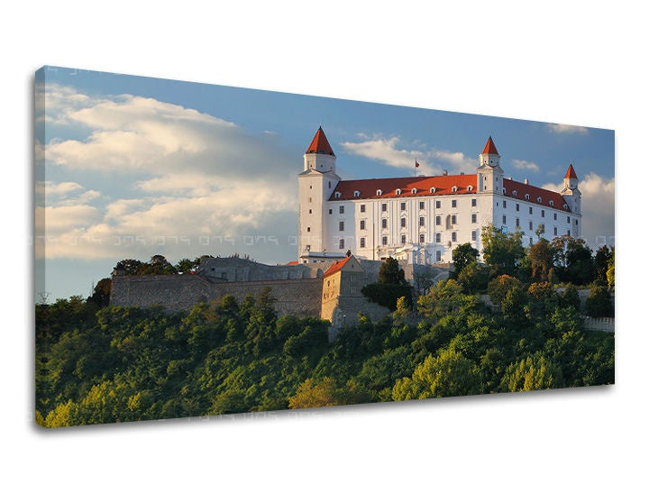 Clasic tablou cu motivul PANORAMĂ SLOVACIA, castel, copaci în alb-albastru nuanțe | Tablou de perete PANORAMĂ SLOVACIA, natură – previzualizare