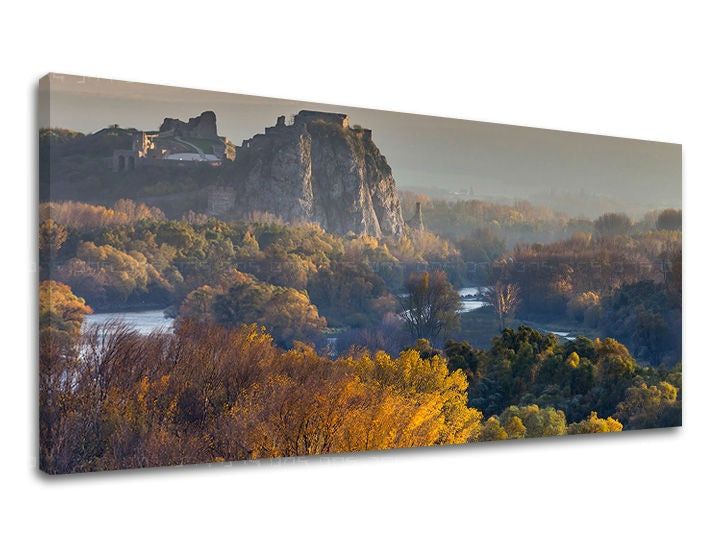 Clasic tablou cu motivul PANORAMĂ SLOVACIA, râu, pădure în albastru-gri nuanțe | Tablou de perete PANORAMĂ SLOVACIA, natură – previzualizare
