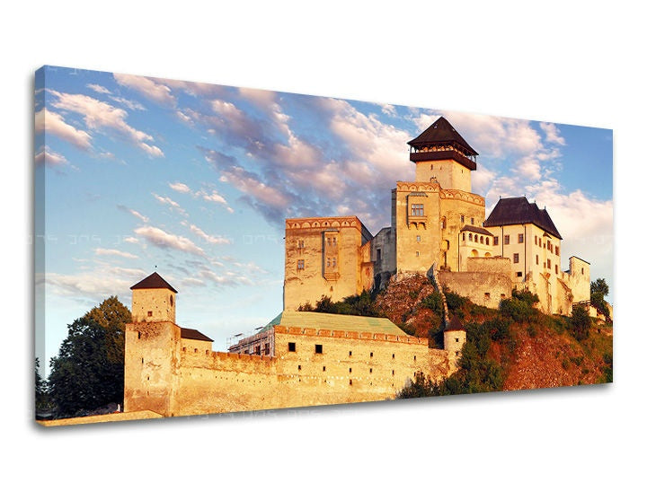 Clasic tablou pe pânză cu motivul PANORAMĂ SLOVACIA, castel, cer, arhitectură, motiv pentru copii în bej-albastru nuanțe, atmosferă liniștită – principală
