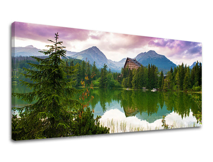 Industrial tablou pe pânză cu motivul PANORAMĂ SLOVACIA, munți, lac, pădure, arhitectură în violet-roz nuanțe, atmosferă liniștită, potrivit pentru sufragerie – principală