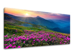 Clasic tablou pe pânză cu motivul PANORAMĂ SLOVACIA, munți, apus de soare, cer, peisaj în violet-albastru nuanțe, atmosferă liniștită, potrivit pentru dormitor – principală