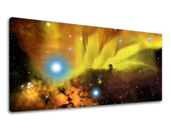 Pop art tablou pe pânză cu motivul PANORAMĂ UNIVERS, stele, univers în albastru-portocaliu nuanțe, singurătate, potrivit pentru birou | Tablou de perete PANORAMĂ UNIVERS – principală