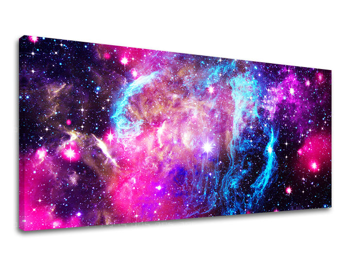 În stil boho tablou pe pânză cu motivul PANORAMĂ UNIVERS, stele, galaxie, motiv pentru copii, hartă în violet-albastru nuanțe, atmosferă eterică – principală