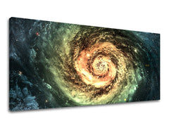 Modern tablou pe pânză cu motivul PANORAMĂ UNIVERS, stele, univers în crem-albastru nuanțe, atmosferă maiestuoasă, potrivit pentru birou | Tablou de perete PANORAMĂ UNIVERS – principală