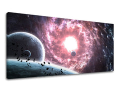 Pop art tablou pe pânză cu motivul PANORAMĂ UNIVERS, stele, lună, univers în alb-violet nuanțe, potrivit pentru birou | Tablou de perete PANORAMĂ UNIVERS – principală