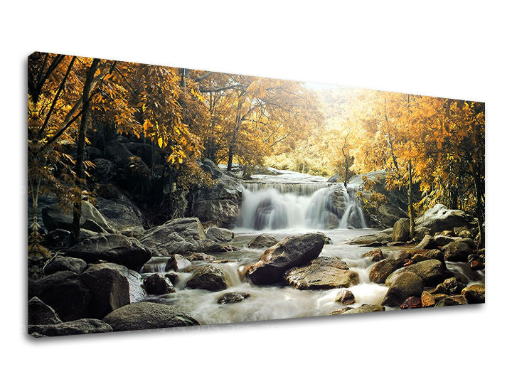 Clasic tablou pe pânză cu motivul PANORAMĂ CASCADE, cascadă, copaci, peisaj, natură în alb-maro nuanțe, atmosferă liniștită, potrivit pentru hol – principală