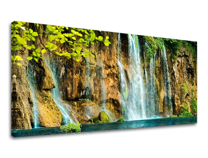 Clasic tablou pe pânză cu motivul PANORAMĂ CASCADE, cascadă, peisaj, hartă în maro-turcoaz nuanțe, atmosferă liniștită, potrivit pentru sufragerie – principală