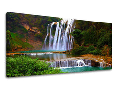 Clasic tablou pe pânză cu motivul PANORAMĂ CASCADE, cascadă, pădure, râu, peisaj în alb-maro nuanțe, atmosferă liniștită, potrivit pentru sufragerie – principală