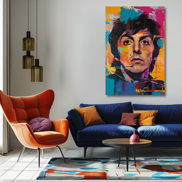 Pictat manual tablou pe pânză cu motivul Paul McCartney - Beatlesovský génius în galben-violet nuanțe, atmosferă energică | Tablou Paul McCartney - Beatlesovský génius – produs, vedere 2