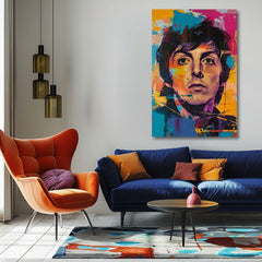 Pictat manual tablou pe pânză cu motivul Paul McCartney - Beatlesovský génius în galben-violet nuanțe, atmosferă energică | Tablou Paul McCartney - Beatlesovský génius – produs, vedere 2