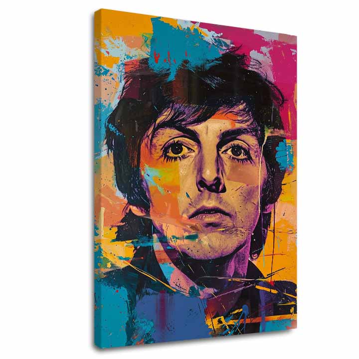 Pictat manual tablou pe pânză cu motivul Paul McCartney - Beatlesovský génius în galben-violet nuanțe, atmosferă energică | Tablou Paul McCartney - Beatlesovský génius – principală