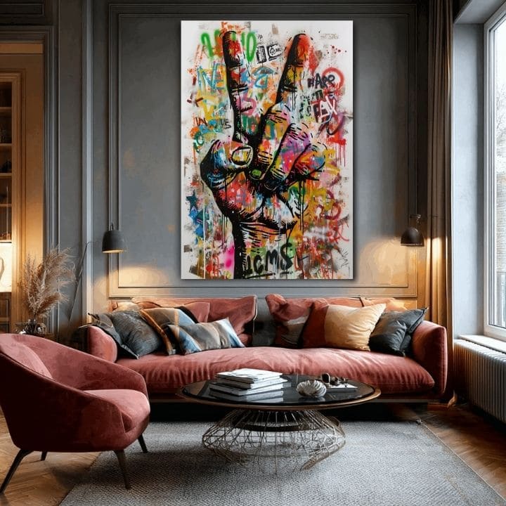 Modern tablou pe pânză cu motivul Peace Hand în alb-negru nuanțe, atmosferă energică, libertate | Tablou Peace Hand – produs, vedere 2