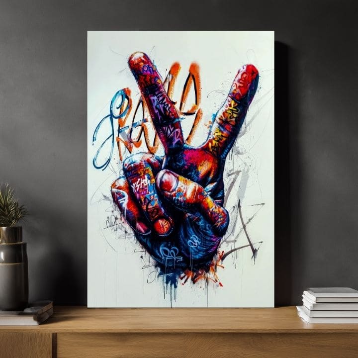 Modern tablou pe pânză cu motivul Peace Hand în negru-alb nuanțe, atmosferă energică | Tablou Peace Hand, decorațiune de perete – produs