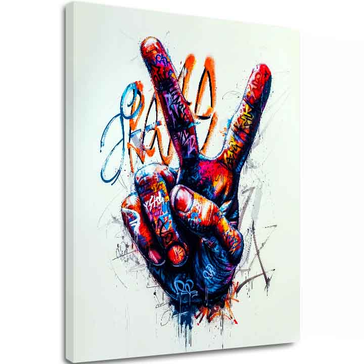 Modern tablou pe pânză cu motivul Peace Hand în negru-alb nuanțe, atmosferă energică | Tablou Peace Hand, decorațiune de perete – principală