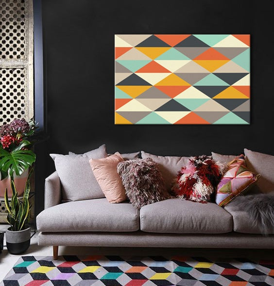 În stil boho tablou pe pânză cu motivul Pearblossom Stick în multicolor nuanțe agățat în interiorul sufragerie, atmosferă jucăușă | Tablou de perete Pearblossom Stick – interior