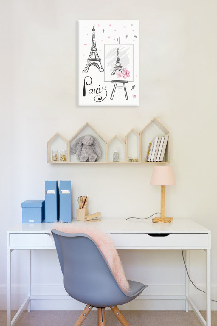 Modern tablou pe pânză cu motivul PENTRU COPII, Turnul Eiffel, flori, păsări, motiv pentru copii în alb-albastru nuanțe, atmosferă capricioasă, potrivit pentru birou de lucru – principală