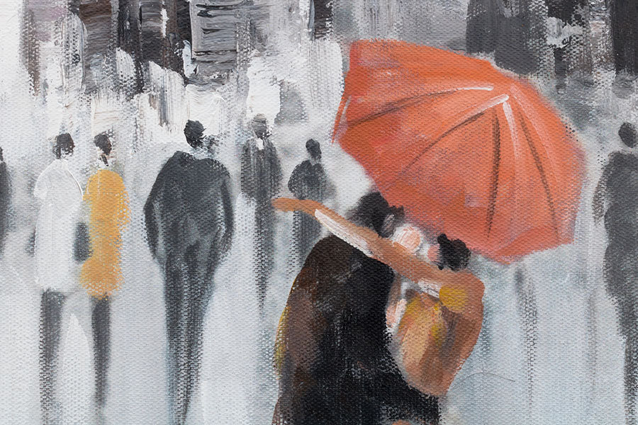 În stil boho tablou pe pânză cu motivul OAMENI, umbrelă, ploaie în alb-portocaliu nuanțe, atmosferă romantică, viață urbană și romantism, potrivit pentru hol – produs, vedere 3