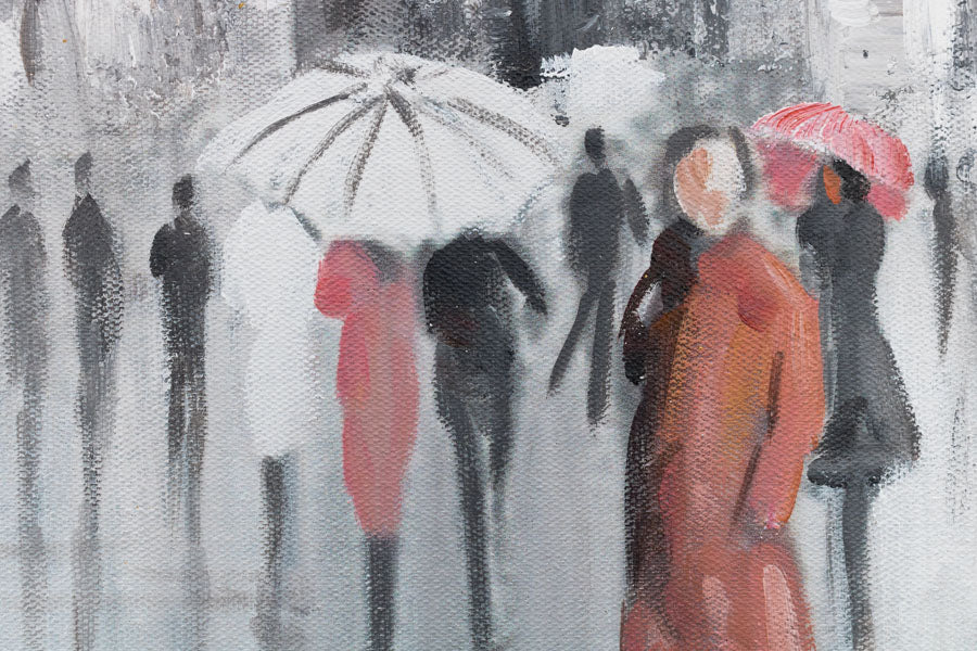 În stil boho tablou pe pânză cu motivul OAMENI, umbrelă, ploaie în alb-portocaliu nuanțe, atmosferă romantică, viață urbană și romantism, potrivit pentru hol – produs, vedere 4