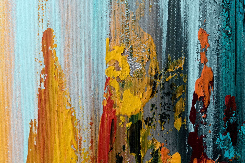 Pictat manual tablou pe pânză în multicolor nuanțe, atmosferă energică, viață urbană și contemplare, potrivit pentru hol | Tablou pictat de perete ABSTRACT – produs, vedere 3