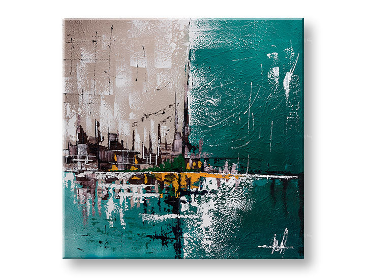 Pictat manual tablou pe pânză în alb-bej nuanțe, atmosferă liniștită, viață urbană și contemplare, potrivit pentru birou | Tablou pictat de perete ABSTRACT – produs, vedere 3