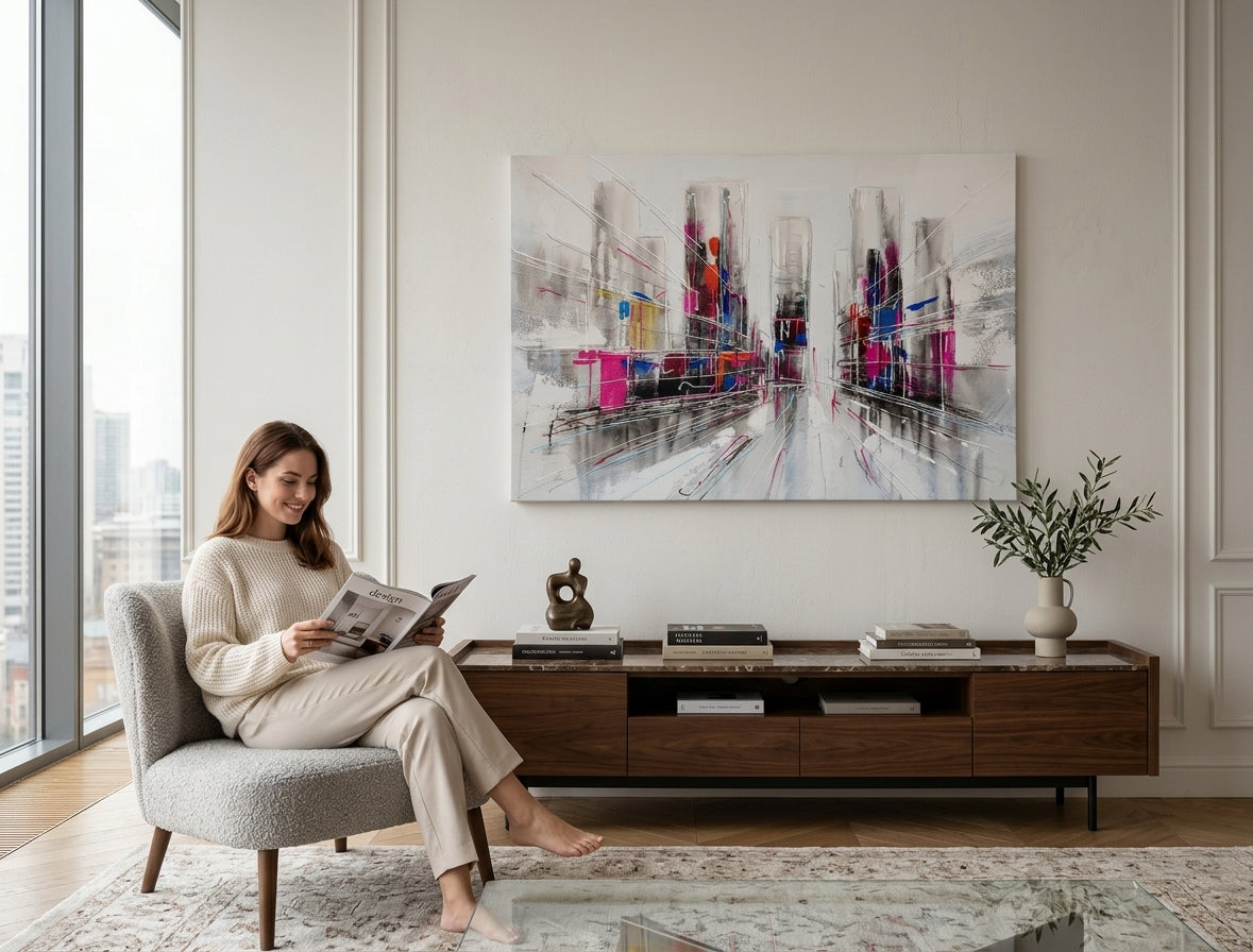 Pop art tablou pe pânză cu motivul motiv urban în alb-albastru nuanțe agățat în interiorul birou, atmosferă energică | Tablou pictat de perete ABSTRACT – interior