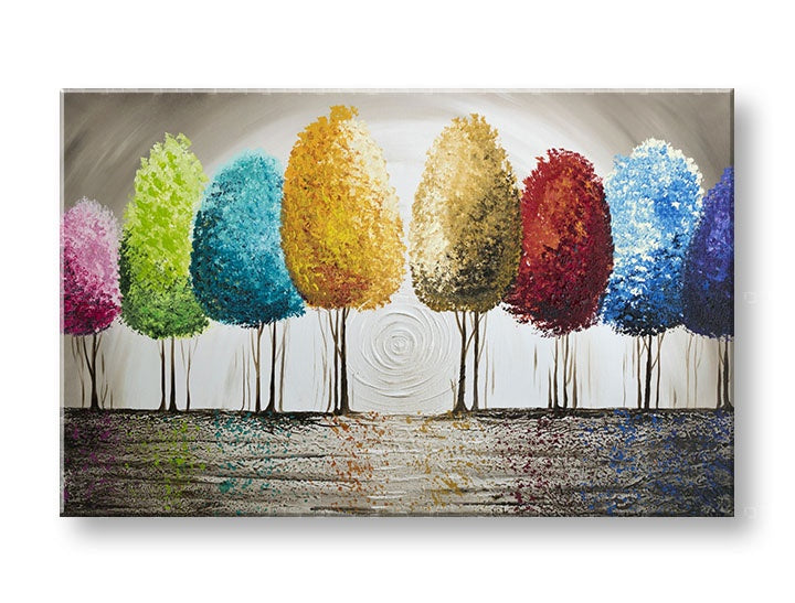 Pictat manual tablou cu motivul copaci, pădure, peisaj în multicolor nuanțe | Tablou pictat de perete COPACI, natură și creștere și dezvoltare – previzualizare