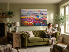 Pictat manual tablou pe pânză cu motivul gard, cer, peisaj, flori, natură în multicolor nuanțe agățat în interiorul bucătărie, natură și atmosferă de primăvară – interior