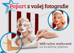 Modern tablou pe pânză cu motivul OBDLŽNIK FOTO-POPO în alb-roșu nuanțe, glamour hollywoodian | Pictat POP Art tablou z fotografie – OBDLŽNIK FOTO-POPO – principală