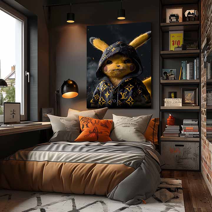 Modern tablou pe pânză cu motivul Pikachu: Streetwear rege în negru-auriu nuanțe, cultură pop | Tablou Pikachu: Streetwear rege – produs