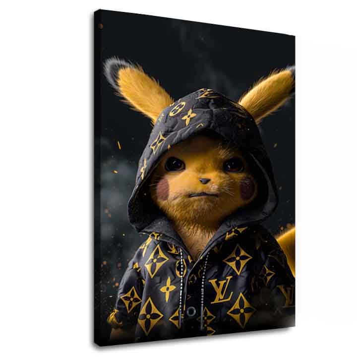Modern tablou pe pânză cu motivul Pikachu: Streetwear rege în negru-auriu nuanțe, cultură pop | Tablou Pikachu: Streetwear rege – principală