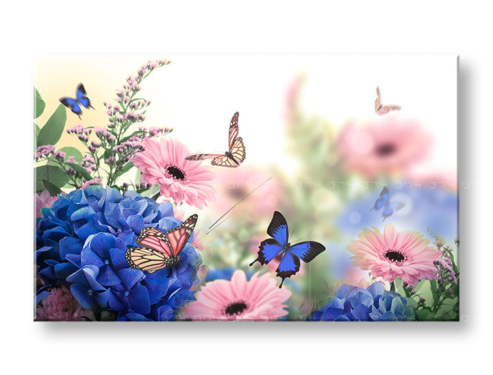 Pop art tablou pe pânză cu motivul FLORI ROZ, fluturi, flori, arhitectură, motiv pentru copii în albastru-roz nuanțe, atmosferă veselă, potrivit pentru sufragerie – principală
