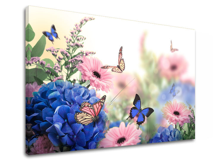 Pop art tablou pe pânză cu motivul FLORI ROZ, fluturi, flori, arhitectură, motiv pentru copii în albastru-roz nuanțe, atmosferă veselă, potrivit pentru sufragerie – produs