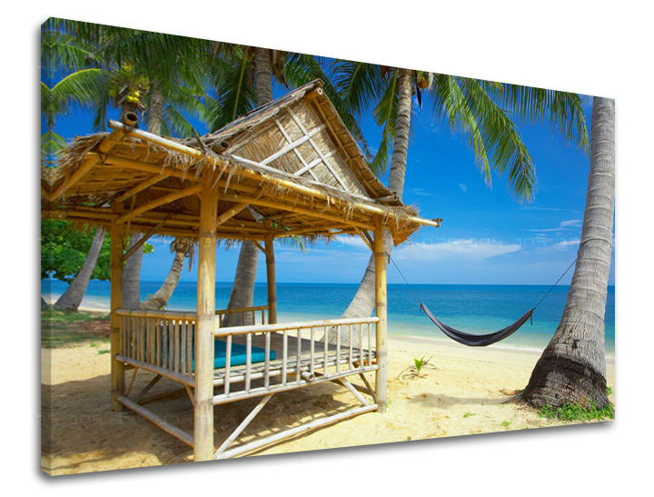 Clasic tablou pe pânză cu motivul PLAJĂ, palmieri, ocean, mare și plajă în bej-albastru nuanțe, atmosferă relaxantă, potrivit pentru dormitor | Tablou de perete PLAJĂ – principală