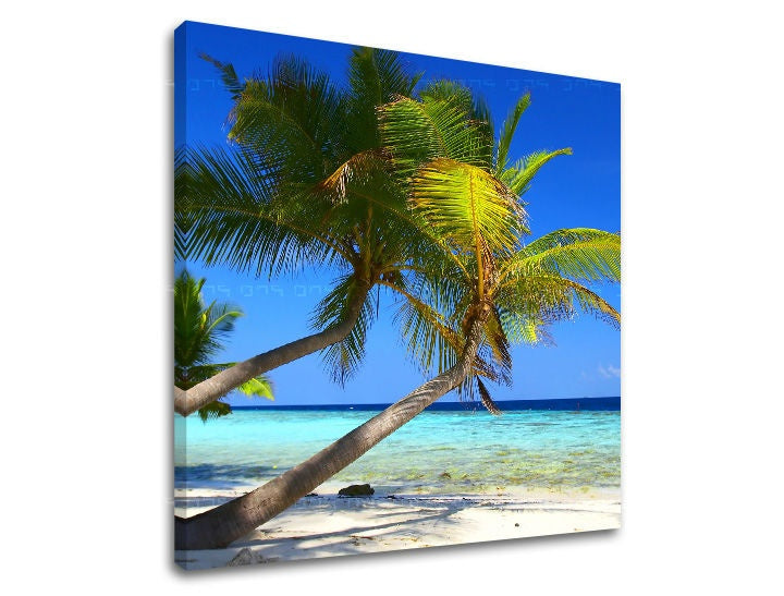 Clasic tablou pe pânză cu motivul PLAJĂ, palmieri, ocean, cer, mare și plajă în alb-albastru nuanțe, atmosferă relaxantă, natură, potrivit pentru sufragerie – principală