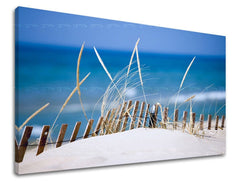 În stil boho tablou pe pânză cu motivul PLAJĂ, ocean, mare și plajă în alb-albastru nuanțe, atmosferă liniștită, viață la mare și natură, potrivit pentru dormitor – principală