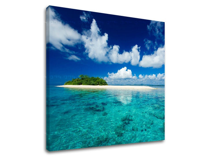 Clasic tablou pe pânză cu motivul PLAJĂ, ocean, cer, nori în alb-albastru nuanțe, atmosferă liniștită, natură, potrivit pentru sufragerie | Tablou de perete PLAJĂ – principală [XOBPL013E12]