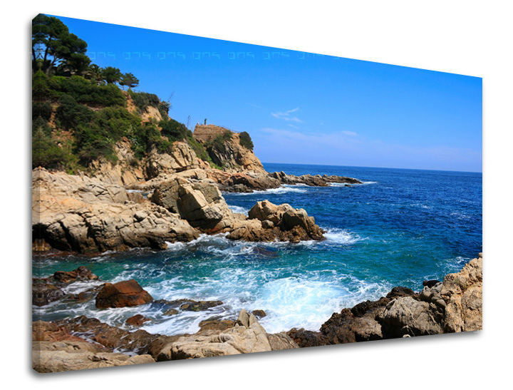 În stil boho tablou pe pânză cu motivul PLAJĂ, ocean, valuri, cer, peisaj în maro-albastru nuanțe, natură și viață la mare, potrivit pentru birou de lucru – principală