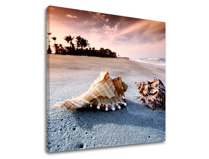 În stil boho tablou pe pânză cu motivul PLAJĂ, ocean, cer, palmieri, peisaj în bej-portocaliu nuanțe, atmosferă liniștită, viață la mare și natură – principală