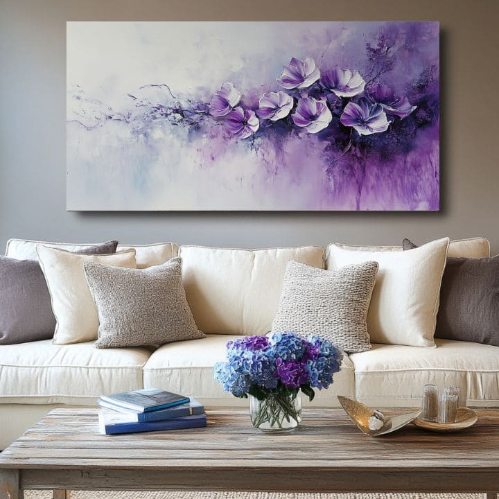 Modern tablou pe pânză cu motivul fialová poézia, flori în violet-alb nuanțe, atmosferă liniștită, natură și eleganță | Tablou fialová poézia – produs, vedere 2