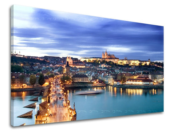 Clasic tablou pe pânză cu motivul PRAHA, arhitectură, motiv pentru copii, peisaj, hartă în alb-albastru nuanțe, atmosferă romantică, potrivit pentru sufragerie – principală