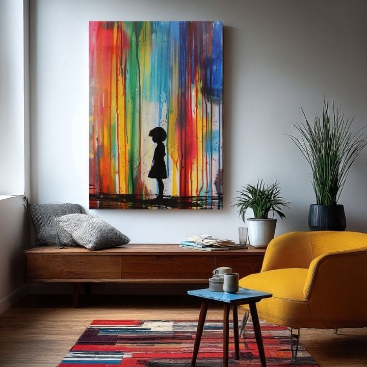 Pictat manual tablou pe pânză cu motivul Rainbow Silhouette na pânză, curcubeu în albastru-verde nuanțe, atmosferă melancolică | Tablou Rainbow Silhouette na pânză – produs, vedere 2