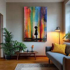 Pictat manual tablou pe pânză cu motivul Rainbow Silhouette na pânză, curcubeu în albastru-verde nuanțe, atmosferă melancolică | Tablou Rainbow Silhouette na pânză – produs, vedere 3