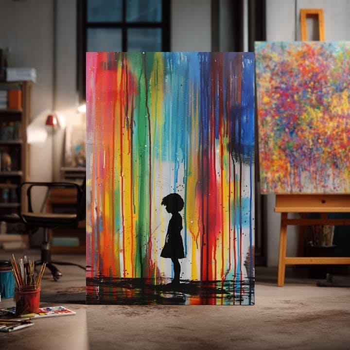 Pictat manual tablou pe pânză cu motivul Rainbow Silhouette na pânză, curcubeu în albastru-verde nuanțe, atmosferă melancolică | Tablou Rainbow Silhouette na pânză – produs, vedere 4