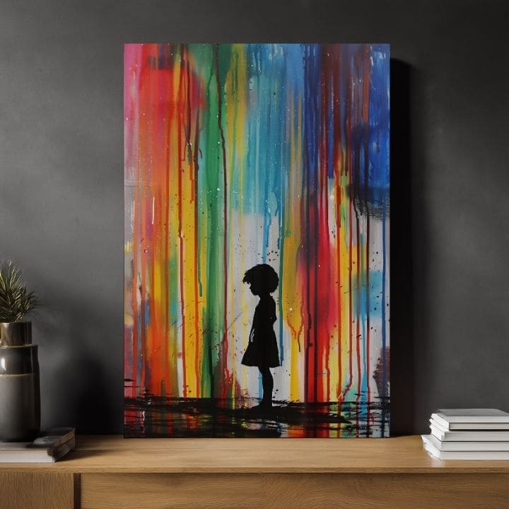 Pictat manual tablou pe pânză cu motivul Rainbow Silhouette na pânză, curcubeu în albastru-verde nuanțe, atmosferă melancolică | Tablou Rainbow Silhouette na pânză – produs
