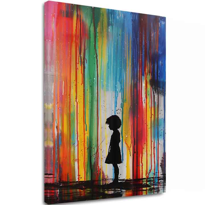 Pictat manual tablou pe pânză cu motivul Rainbow Silhouette na pânză, curcubeu în albastru-verde nuanțe, atmosferă melancolică | Tablou Rainbow Silhouette na pânză – principală