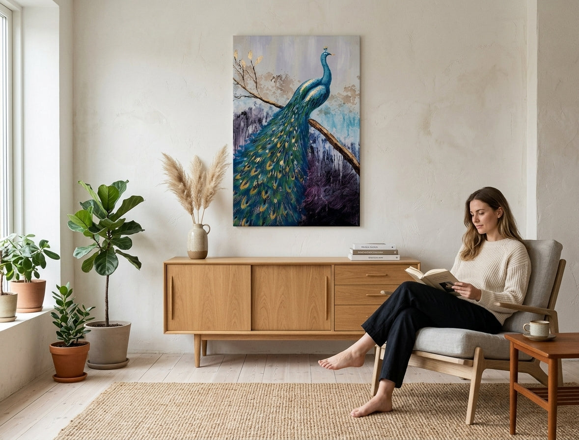 În stil boho tablou pe pânză cu motivul PĂUN în violet-albastru nuanțe agățat în interiorul dormitor, atmosferă elegantă, natură și frumusețe | Tablou pictat de perete PĂUN – interior