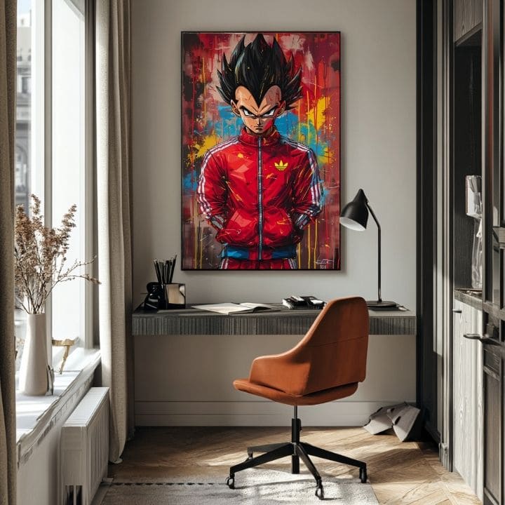 Pictat manual tablou pe pânză cu motivul Saiyan: Sila bojovníka în roșu-negru nuanțe, atmosferă intensă, cultură pop și forță și putere | Tablou Saiyan: Sila bojovníka – produs, vedere 2